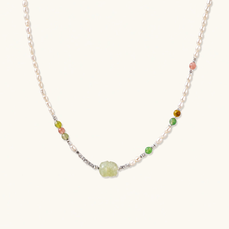 Jadegarten Perlenkette aus Süßwasserperlen, Achat & Serpentin-Jade